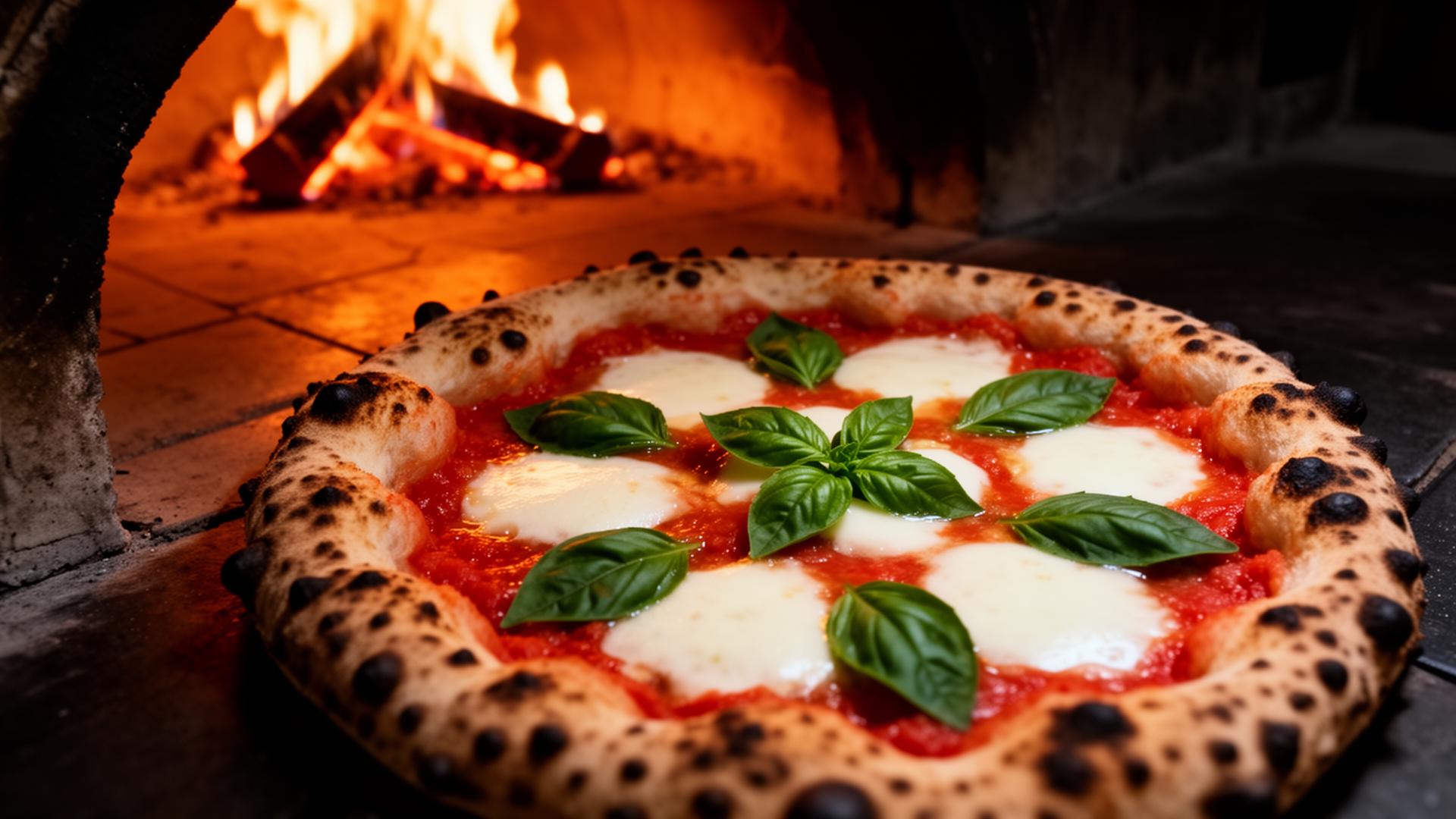 Wood fired margherita pizza in stone oven