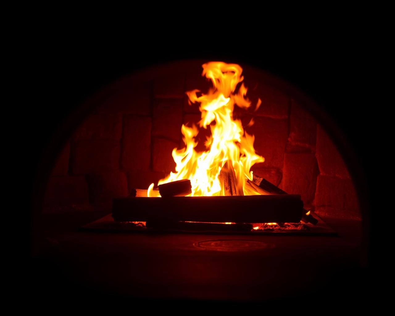 Flames inside the wood-fired oven
